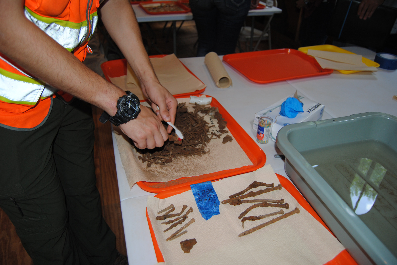 Participant sorting archaeological finds on trays during Public Archaeology Day